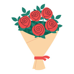 Flat vector illustration of a bouquet with red roses wrapped in beige paper and tied with a red ribbon. Romantic and elegant floral composition. Isolated on white background.