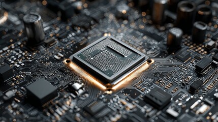 Data moving through circuits on a motherboard CPU processor positioned among components in a digital electronics environment