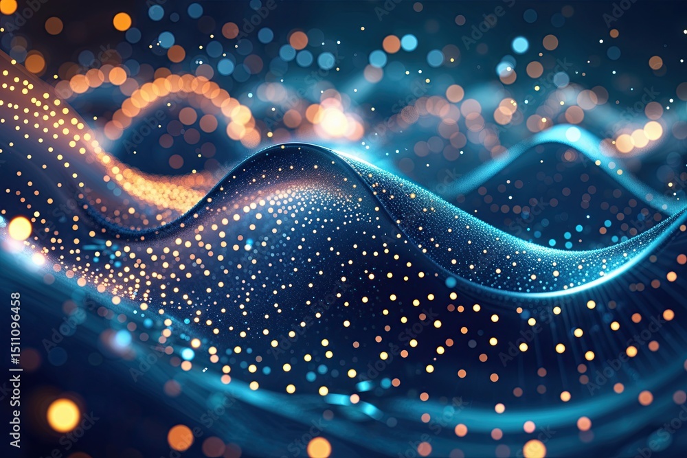 Poster engaging digital wave phenomenon: captivating motion with luminous dots and hazy particles in a tech