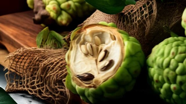 Arrangement of vibrant green custard apples, showcasing a sliced fruit's interior and seeds on a wooden surface.