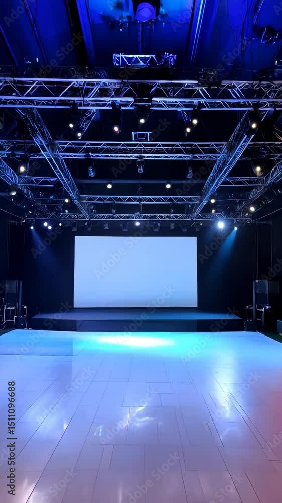 Poster empty stage with white screen and structural lighting system for presentation or performance venue