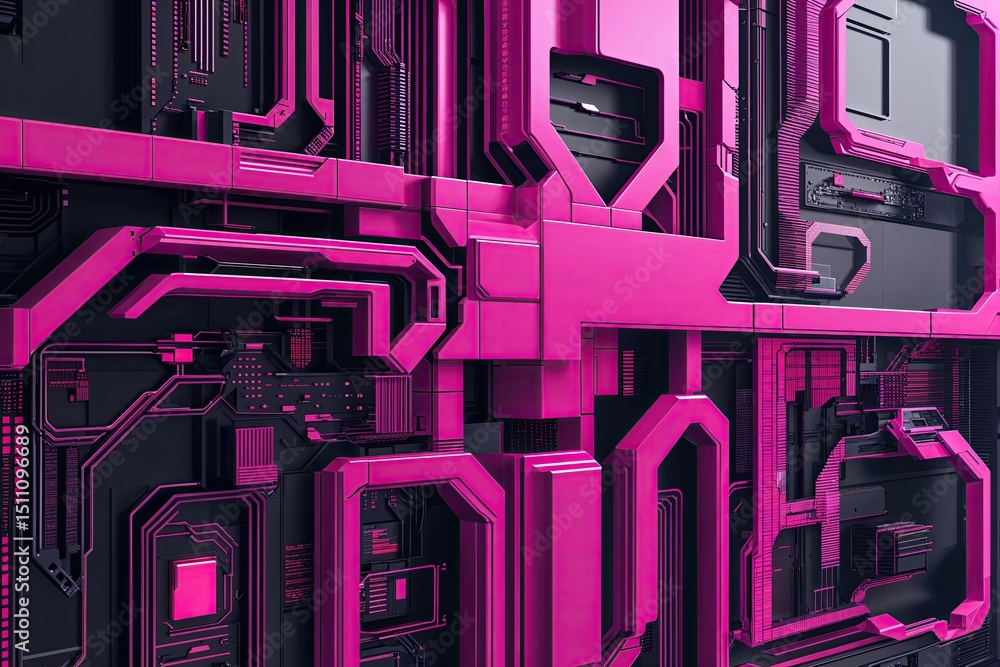Poster magenta tech art framework featuring pixelated forms and contemporary design