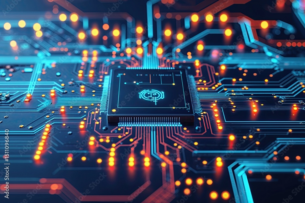 Poster sleek digital circuit background with glowing colorful elements