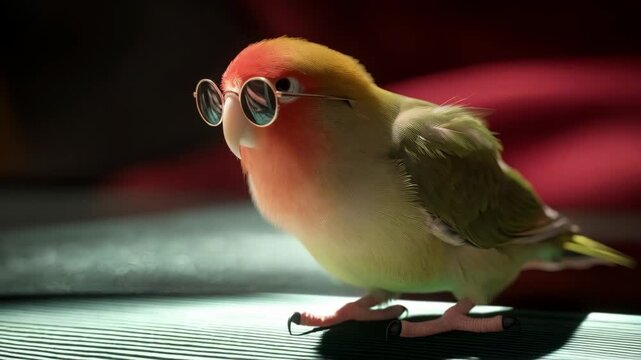 Portrait of a funny looking peach-faced lovebird wearing round retro sunglasses with gold frames in a closeup studio shot.
