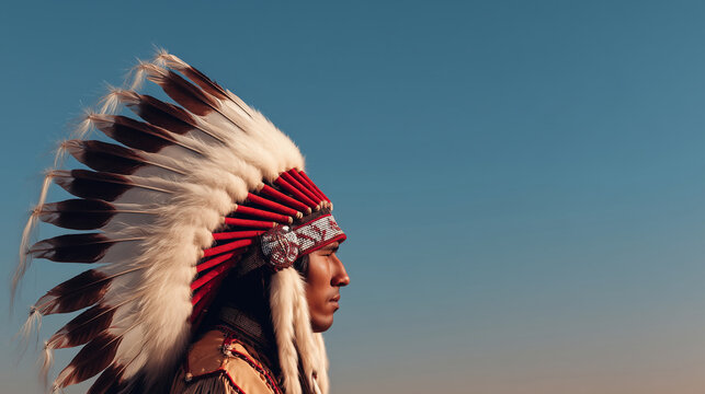 Man wearing Native American feather war bonnet against blue sky
