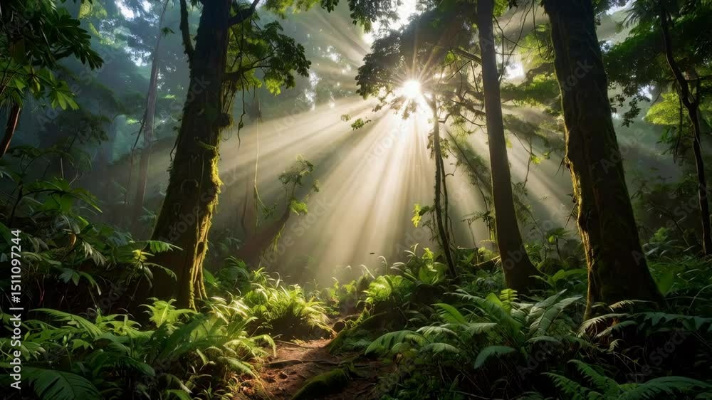 Poster sunlight streams through the dense canopy of a lush, green forest with tall trees and ferns, creatin