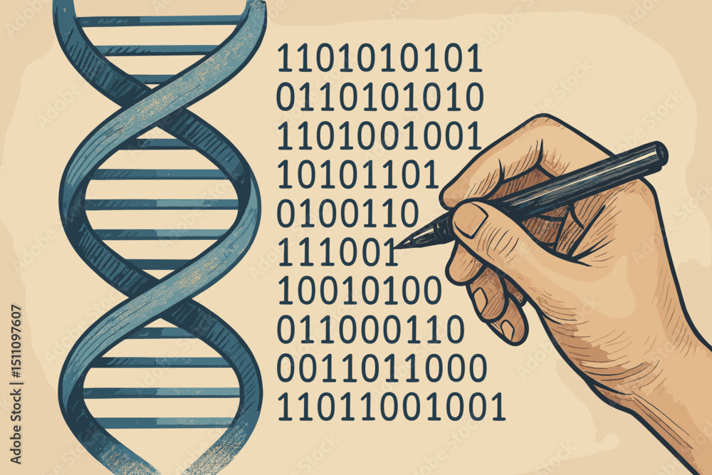 Poster genetic code concept. dna helix and hand writing binary code. biotechnology, bioinformatics, gene ed