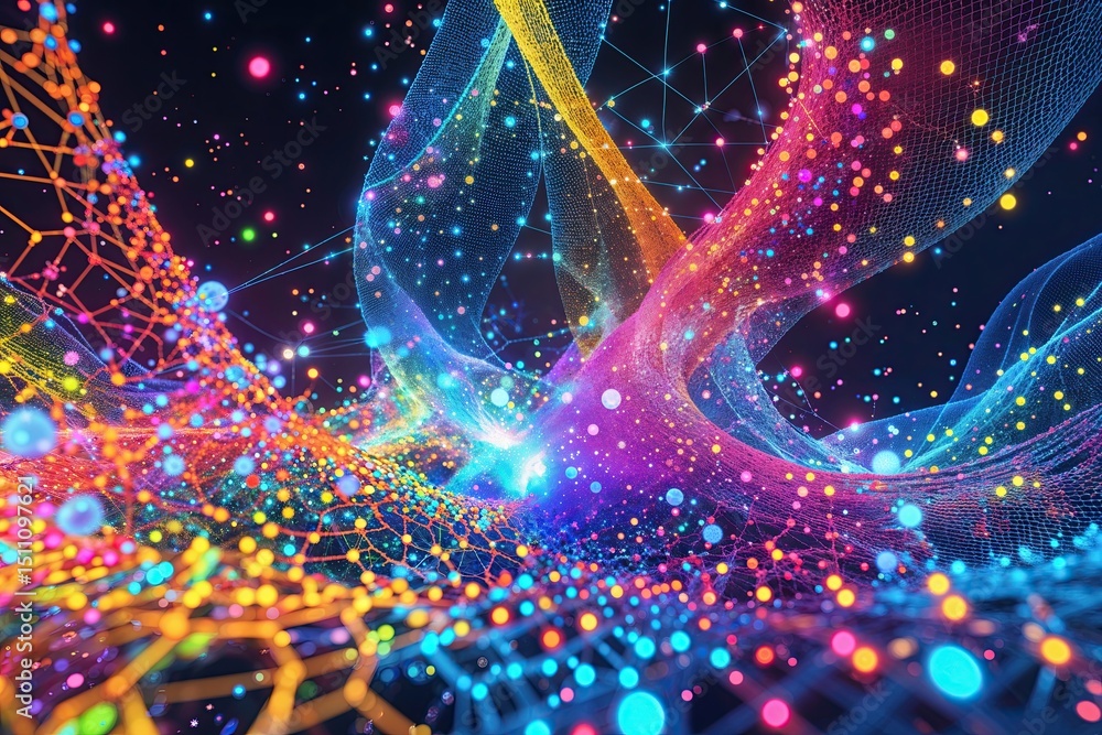Poster colorful digital mesh framework with abstract particles in vibrant technology design