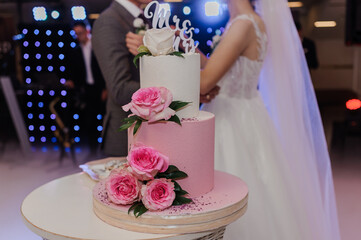 A beautifully decorated two-tiered pink wedding cake adorned with white roses and a 