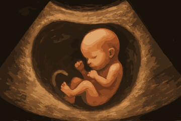 Artistic ultrasound illustration of developing fetus in early to mid pregnancy. Vintage sepia sonogram showing unborn baby in womb. Prenatal medical imaging. New life, development, motherhood.