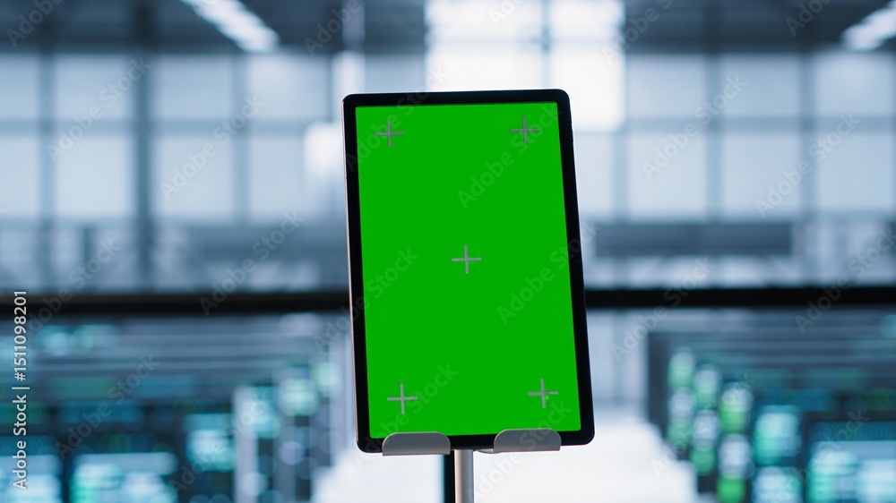 Poster close up of mockup tablet and data center engineers developing disaster recovery plans. focus on iso