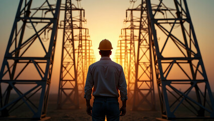 Silhouette of engineer in field of electricity pylons against sunset sky