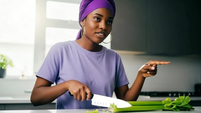 Woman dark-skinned chopping celery in modern kitchen setting during daylight hours