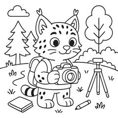 This is a creative black and white drawing featuring a whimsical cat that is expertly holding a camera in its paws
