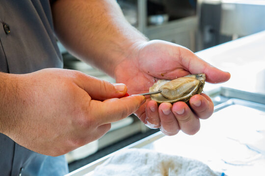 Man removing raw oyster from its shell with an oyster knife 