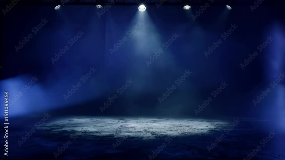 Poster mysterious illuminated scene with thick fog on a flat surface under a bright overhead light, stage-l