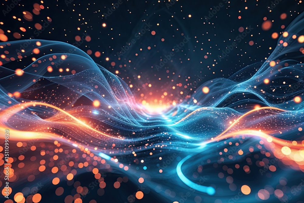 Poster futuristic technology background with dynamic digital waves and illuminated particles