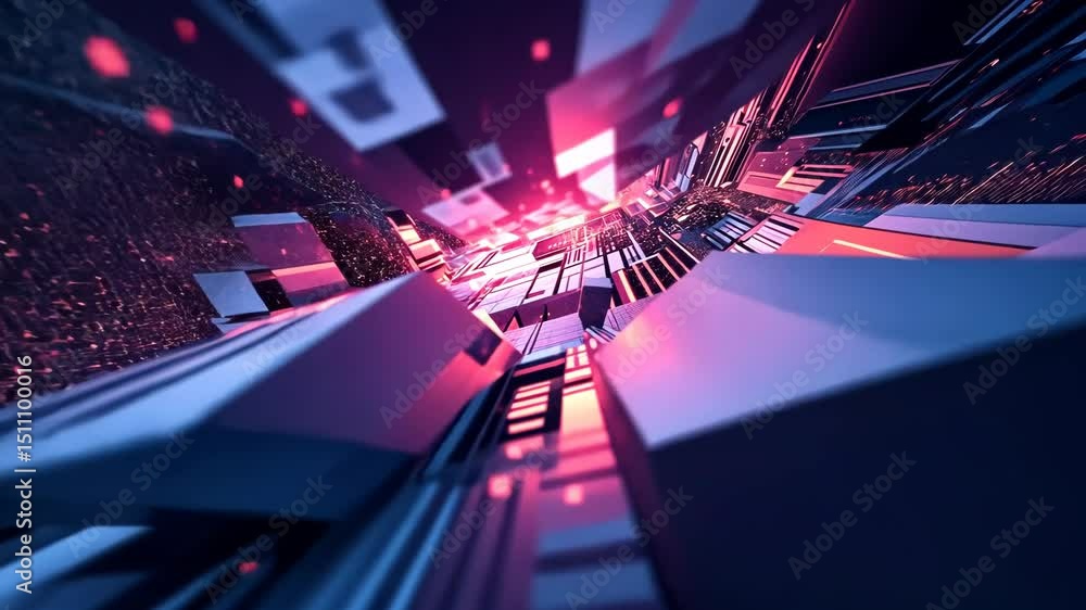Poster dynamic abstract composition of geometric shapes in blue and magenta hues creating a futuristic desi
