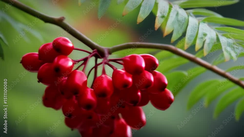 Poster close-up of vibrant rowan berries clustered together on a branch with green foliage, creating a natu