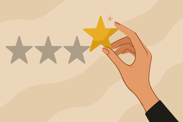 Hand placing golden star for customer review, representing positive feedback, satisfaction, and high quality service rating. Business excellence, four star achievement, and user evaluation concept.