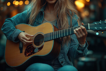 Femme jouant de la guitare acoustique en jean, ambiance chaleureuse et détendue, portrait musical en lumière naturelle