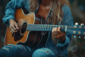Femme jouant de la guitare acoustique en jean, ambiance chaleureuse et détendue, portrait musical en lumière naturelle