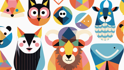 Naklejka premium imple animal icons_fox owl panda triger cow lion and whale with geometric shapes