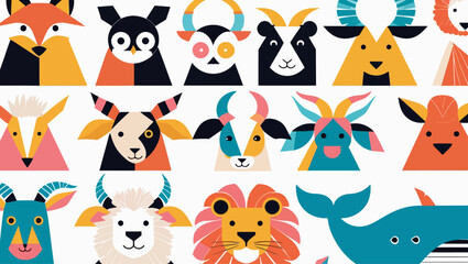 Naklejka premium imple animal icons_fox owl panda triger cow lion and whale with geometric shapes