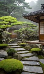 Fototapeta premium Traditional Japanese Zen Garden with Wooden House in Tranquil Setting. Ideal for concepts related to meditation, mindfulness