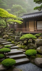 Traditional Japanese Zen Garden with Wooden House in Tranquil Setting. Ideal for concepts related to meditation, mindfulness