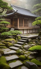 Traditional Japanese Zen Garden with Wooden House in Tranquil Setting. Ideal for concepts related to meditation, mindfulness