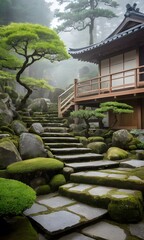 Traditional Japanese Zen Garden with Wooden House in Tranquil Setting. Ideal for concepts related to meditation, mindfulness