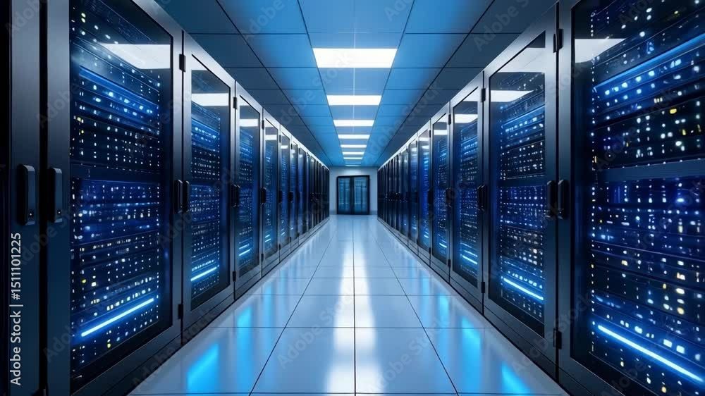Aufkleber corridor with server racks illuminating the data center, creating an expansive view of computing and