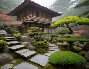 Traditional Japanese Zen Garden with Wooden House in Tranquil Setting. Ideal for concepts related to meditation, mindfulness