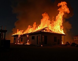 Bright orange flames shoot high into the night sky as a fire house building is consumed by fire, illuminating the surroundings in a dramatic display of destruction Generative AI