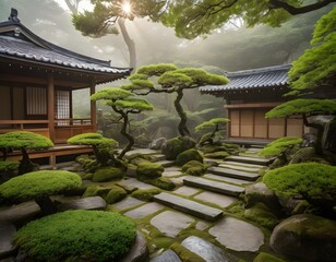 Traditional Japanese Zen Garden with Wooden House in Tranquil Setting. Ideal for concepts related to meditation, mindfulness