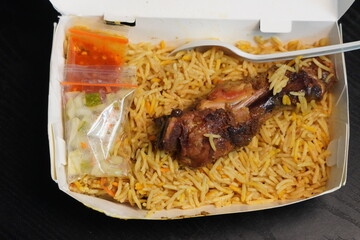 Chicken Biryani Takeout Container with Sauces