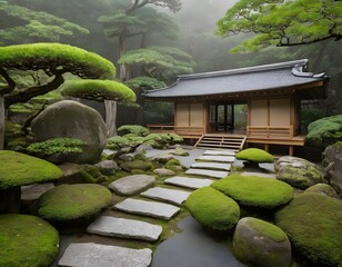 Traditional Japanese Zen Garden with Wooden House in Tranquil Setting. Ideal for concepts related to meditation, mindfulness