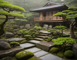 Traditional Japanese Zen Garden with Wooden House in Tranquil Setting. Ideal for concepts related to meditation, mindfulness