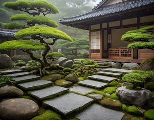 Traditional Japanese Zen Garden with Wooden House in Tranquil Setting. Ideal for concepts related to meditation, mindfulness