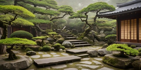 Traditional Japanese Zen Garden with Wooden House in Tranquil Setting. Ideal for concepts related to meditation, mindfulness