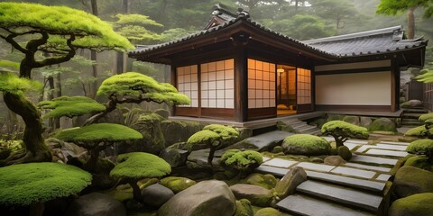 Traditional Japanese Zen Garden with Wooden House in Tranquil Setting. Ideal for concepts related to meditation, mindfulness