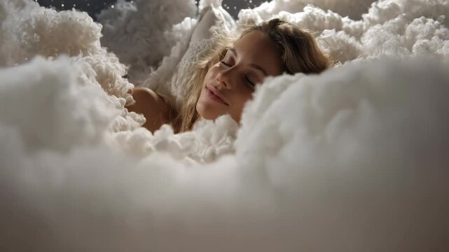 Young woman peacefully sleeps surrounded by fluffy white clouds with starry background promoting dreamy nights and relaxation