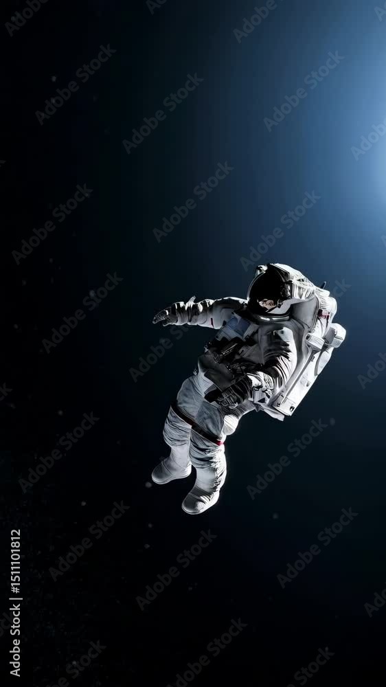 Poster astronaut floating in deep space with bright spotlight on white spacesuit and dark starry background