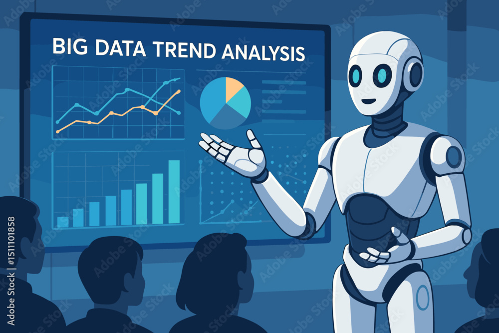 Aufkleber ai robot presenting big data trend analysis on screen with charts, graphs to audience. business inte