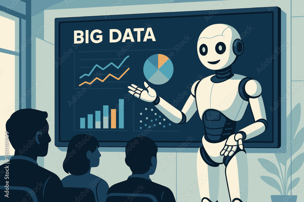Aufkleber ai robot professor presentation on big data. analytics charts, graphs for business intelligence. mac