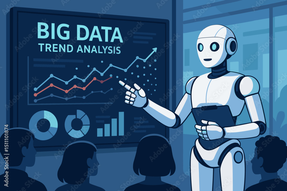 Poster ai professor presentation on big data & trend analysis. robot explains data science to audience. fut