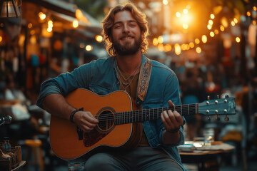 Musicien jouant de la guitare acoustique en plein air lors d’un festival, ambiance chaleureuse et créative en soirée, portrait d’homme souriant ou concentré