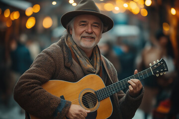 Musicien jouant de la guitare acoustique en plein air lors d’un festival, ambiance chaleureuse et créative en soirée, portrait d’homme souriant ou concentré