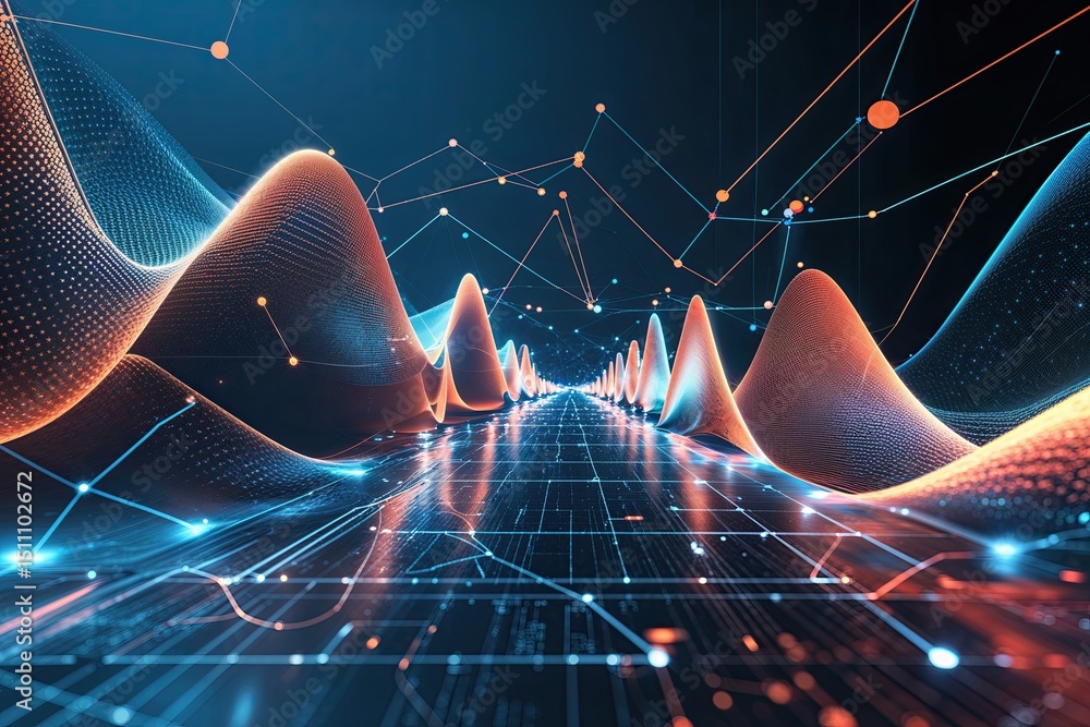 Poster theoretical echo waves in abstract technology with geometric connections and digital textures
